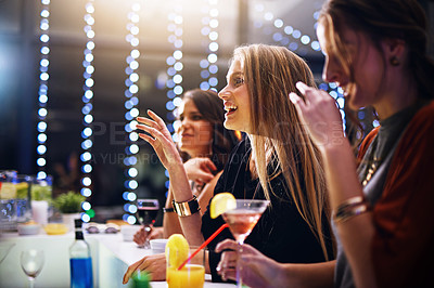 Buy stock photo Party, happy and friends with cocktail at nightclub for fun bonding and new years celebration drinks. Women, happiness and girlfriends smile at clubbing event gathering with alcohol beverages.