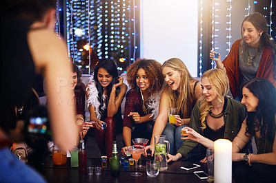Buy stock photo Friends, drinks and nightclub celebration on happy hour with alcohol, drinking and cocktails. Party, music and celebrate event of people at night with happiness and excited smile ready for shots  