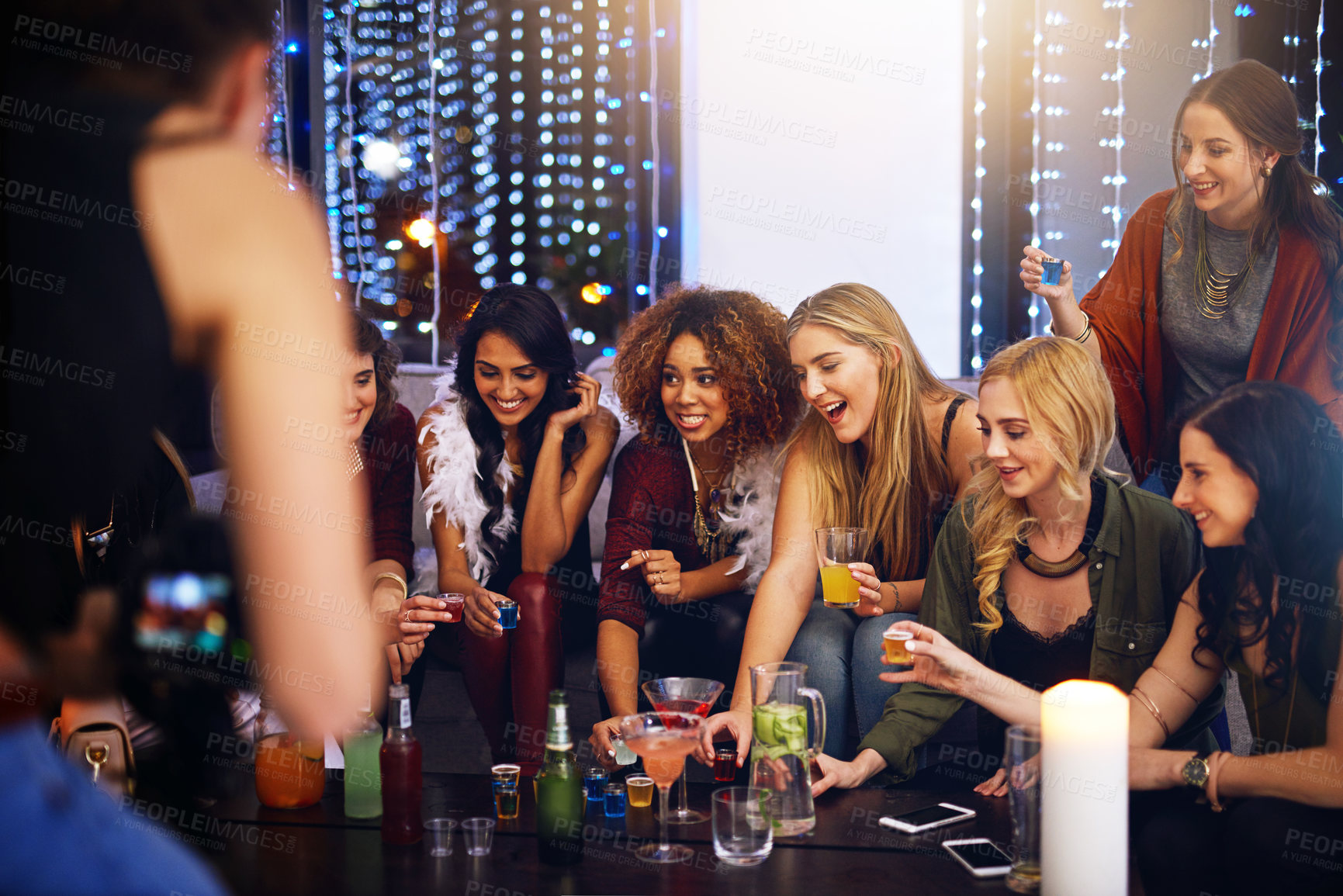 Buy stock photo Friends, drinks and nightclub celebration on happy hour with alcohol, drinking and cocktails. Party, music and celebrate event of people at night with happiness and excited smile ready for shots  