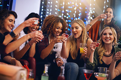 Buy stock photo Party, nightclub and friends with alcohol shots for birthday celebration, ladies night and social event. Cheers, toast and women drinking to celebrate happy hour at disco, rave and cocktail bar