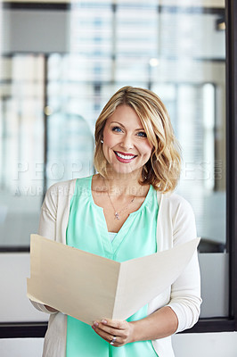 Buy stock photo Portrait, employee and woman with paperwork, smile and reading with planning, schedule and feedback. Face, person and administrator with documents, review and company growth with consultant and ideas