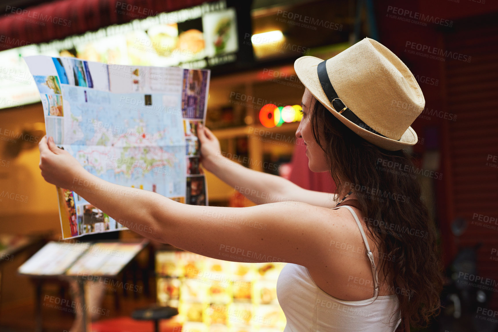 Buy stock photo City, travel and woman with map for help on vacation, direction and location on tourist adventure. Happy, female person and paper with reading for information, navigation or holiday guide in Thailand