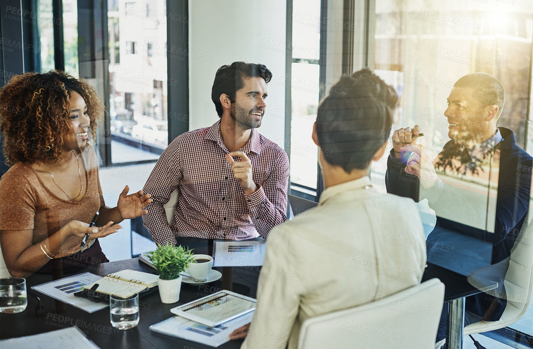 Buy stock photo Business people, discussion and meeting with team for collaboration, ideas or conversation at office. Group of employees discussing project, finance or strategy in conference, boardroom or workplace