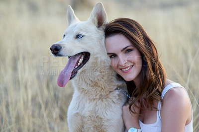 Buy stock photo Smile, portrait or woman hug dog in field for travel, adventure or behaviour training while bonding in nature together. Puppy, love or girl with calm pet Husky in a park with care, support and trust