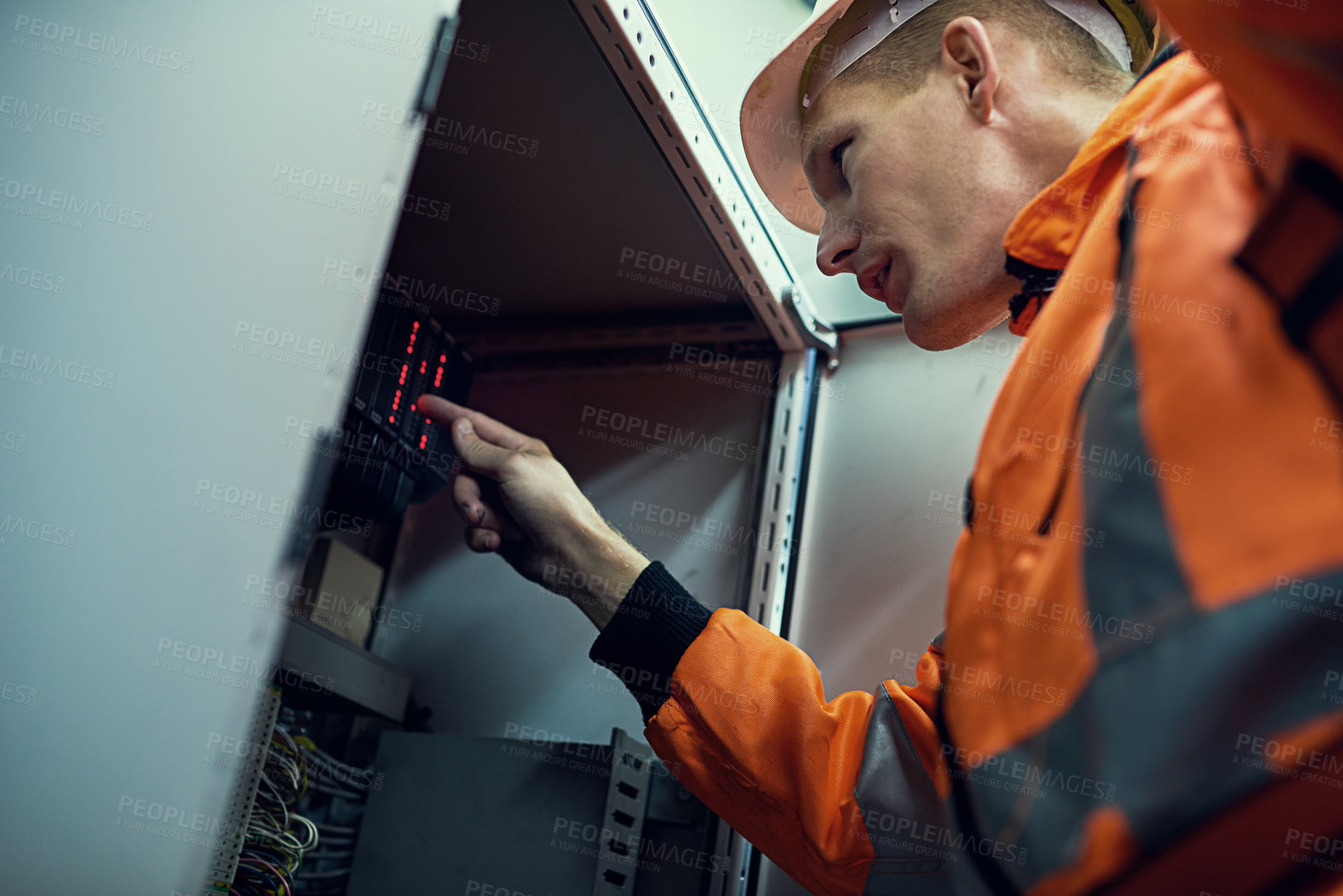 Buy stock photo Power, inspection and man in electricity maintenance for engineering of industrial grid system. Renewable energy production, contractor or technician in safety, electrical box and quality assurance