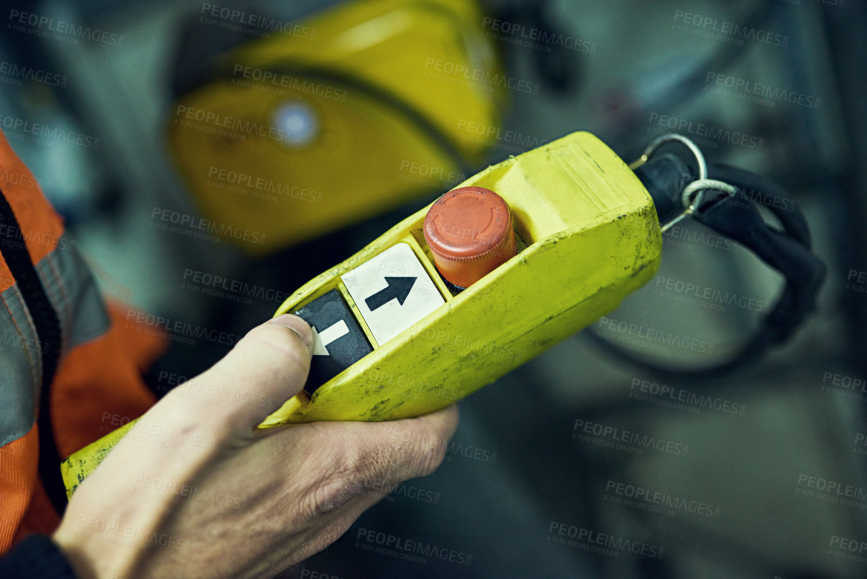 Buy stock photo Hand, engineer and crane control switch with industrial construction machinery for engineering work. Maintenance, service technician and contractor on site for building job with person in uniform.