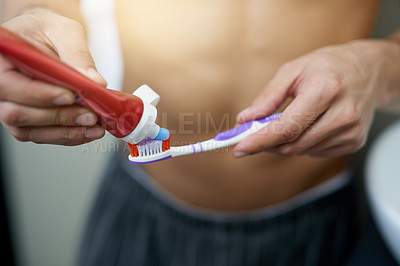 Buy stock photo Bathroom, hands and man with toothbrush in home for dental care, getting ready and grooming. Cleaning, health and person with toothpaste, wellness and morning routine for hygiene, teeth and brushing.