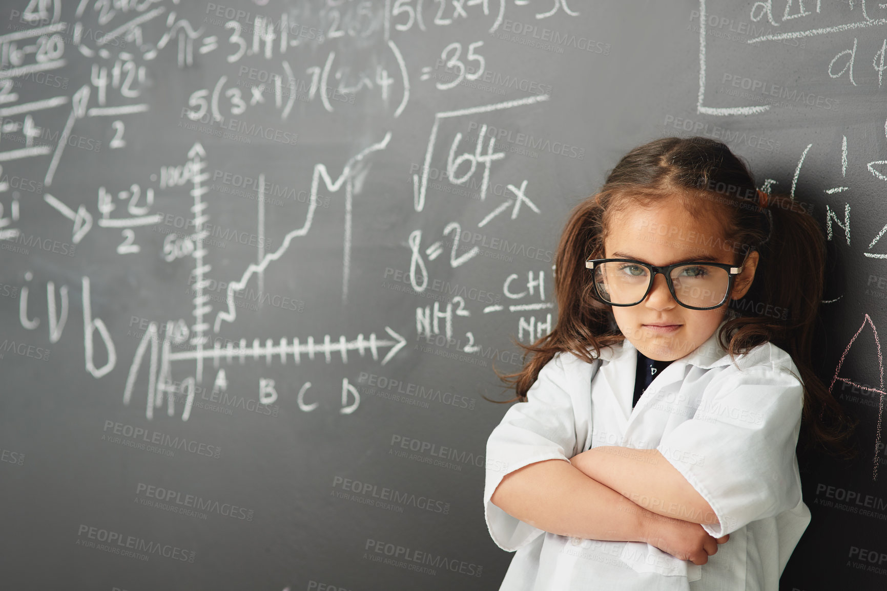 Buy stock photo Portrait, arms crossed and child with blackboard, learning and education for childhood development. Preschooler, girl and genius in classroom for tuition for growth, knowledge or assessment in maths