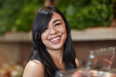 Buy stock photo Portrait, smile and woman grocery shopping in supermarket for food, nutrition or healthy vegetables in Indonesia. Face, retail or happy customer in convenience store for wholesale, discount or market