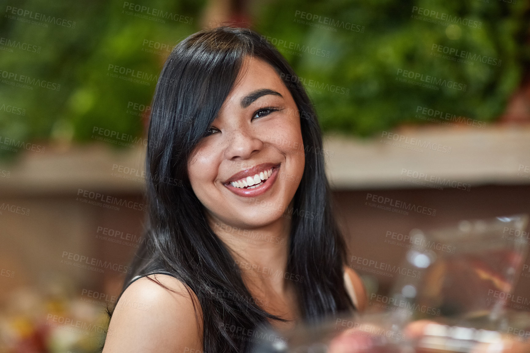 Buy stock photo Portrait, smile and woman grocery shopping in supermarket for food, nutrition or healthy vegetables in Indonesia. Face, retail or happy customer in convenience store for wholesale, discount or market