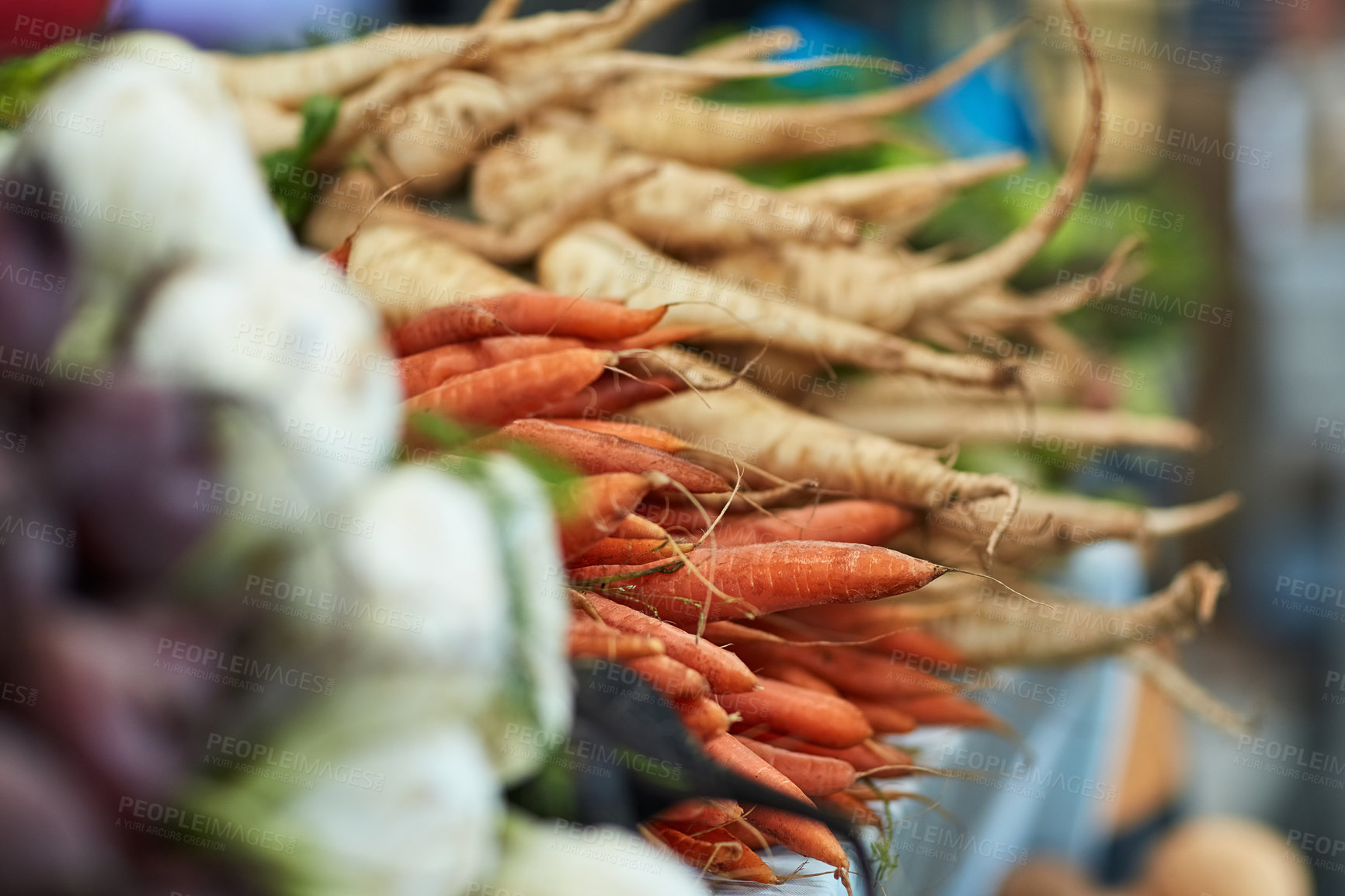 Buy stock photo Vegetables, food and fresh produce in supermarket, organic farming and carrot or parsnip choice. Sustainable, natural and healthy ingredients for shopper in aisle, harvest agriculture and nutrition