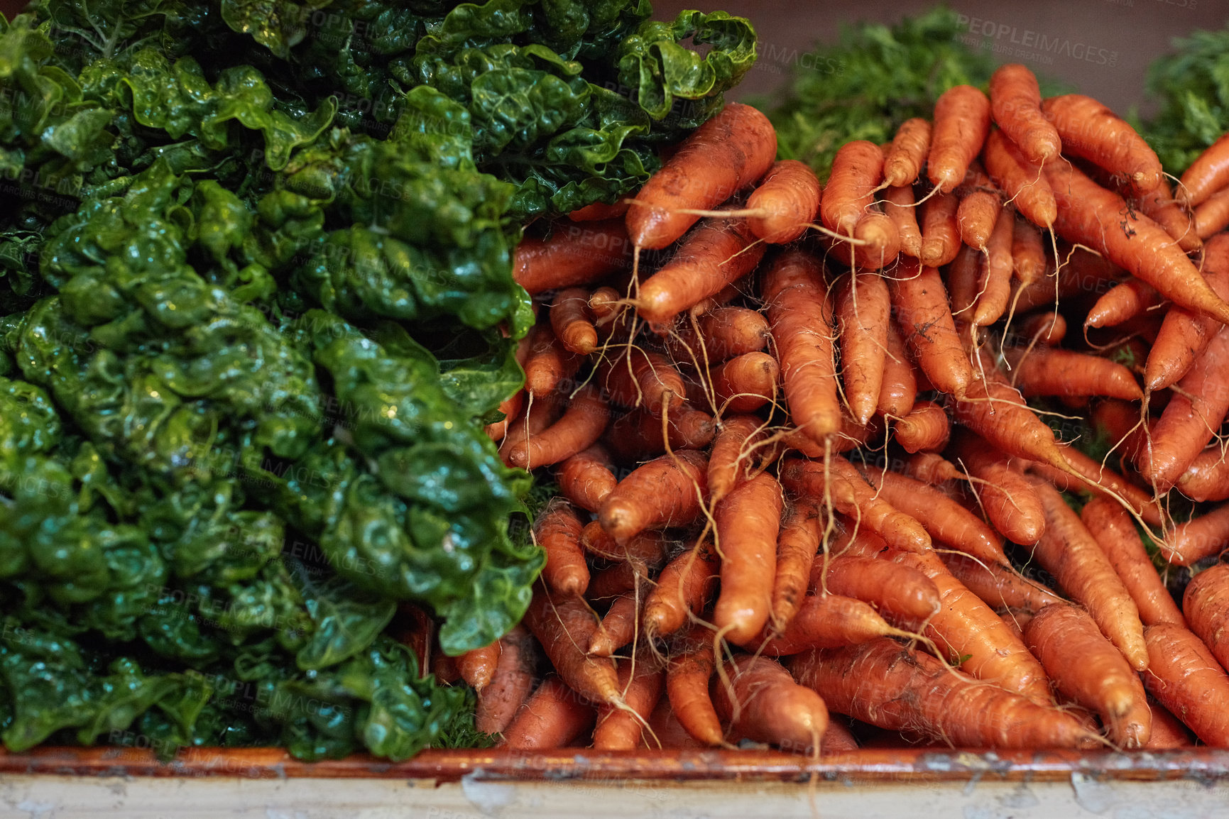 Buy stock photo Vegetable, food and fresh produce in supermarket, organic farming and carrot or kale selection. Sustainable, natural and healthy ingredients for shopper in aisle, harvest agriculture and nutrition