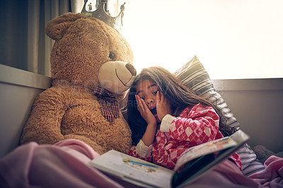 Buy stock photo Reading book, wow and girl with teddy bear in bedroom of home for morning storytelling surprise. Kids, flare and reaction with young child in apartment for hobby, leisure or literature on weekend