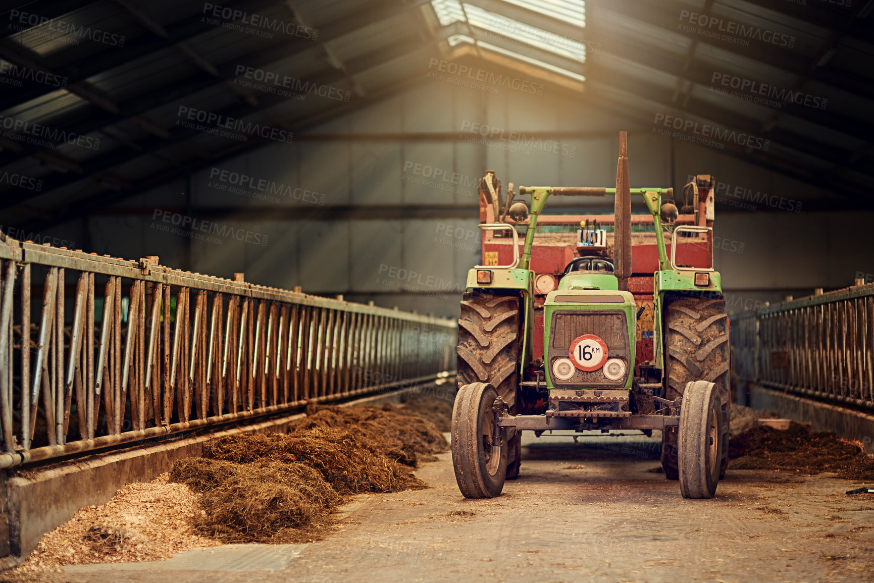 Buy stock photo Farm, tractor and old machine in barn with dirt, rust and dust in storage warehouse on land. Vintage, retro and plow truck in abandoned factory shed or tools for farming production or agriculture