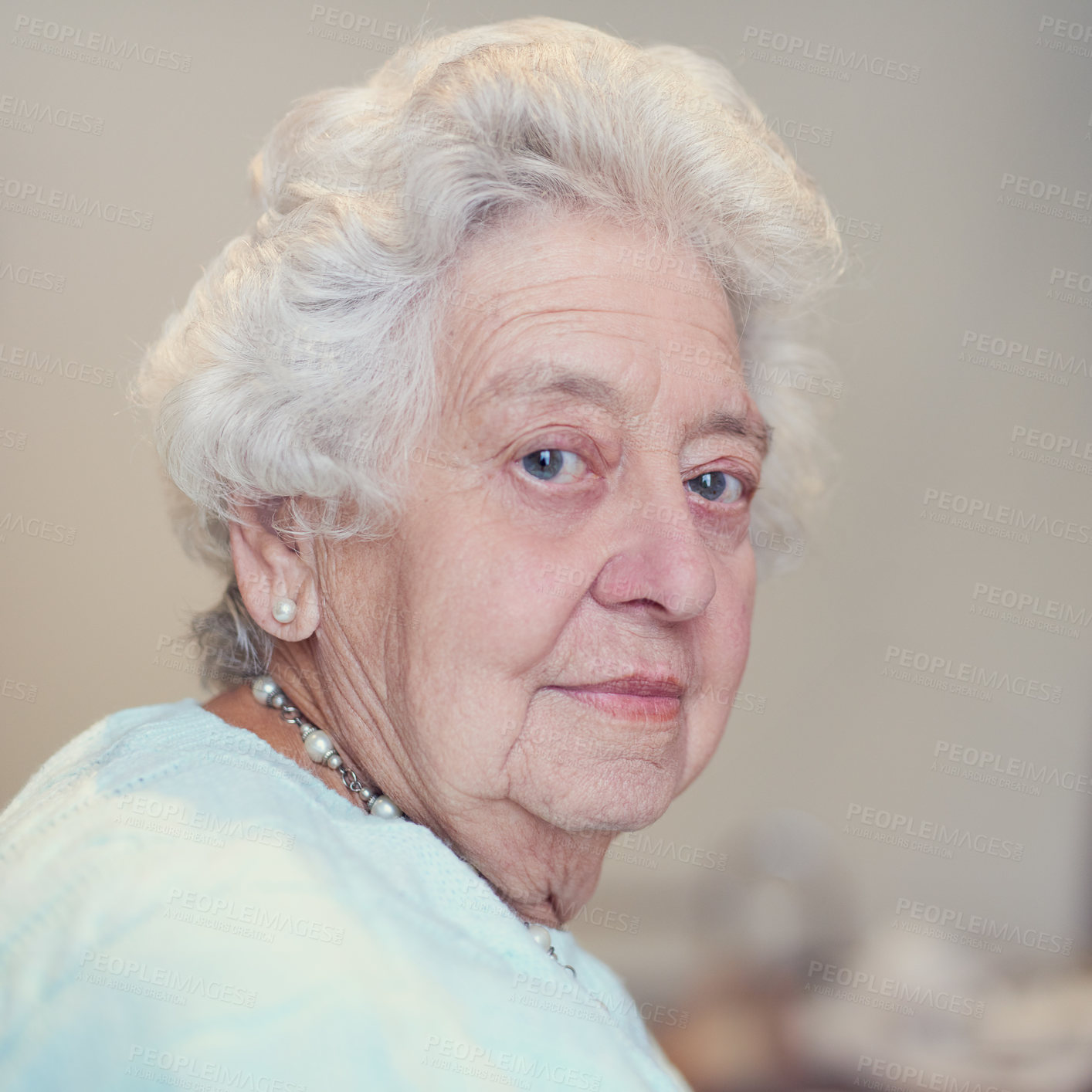 Buy stock photo Portrait, nursing home and calm senior woman in house with peace, care and assisted living for Alzheimer, memory loss or aging comfort. Elderly, support and old female person at retirement facility