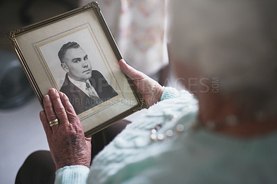 Buy stock photo Senior woman, picture frame and memory of husband for nostalgia, history and mourning death. Closeup, elderly and  lonely widow with photograph of partner to remember memories, love and grieving 