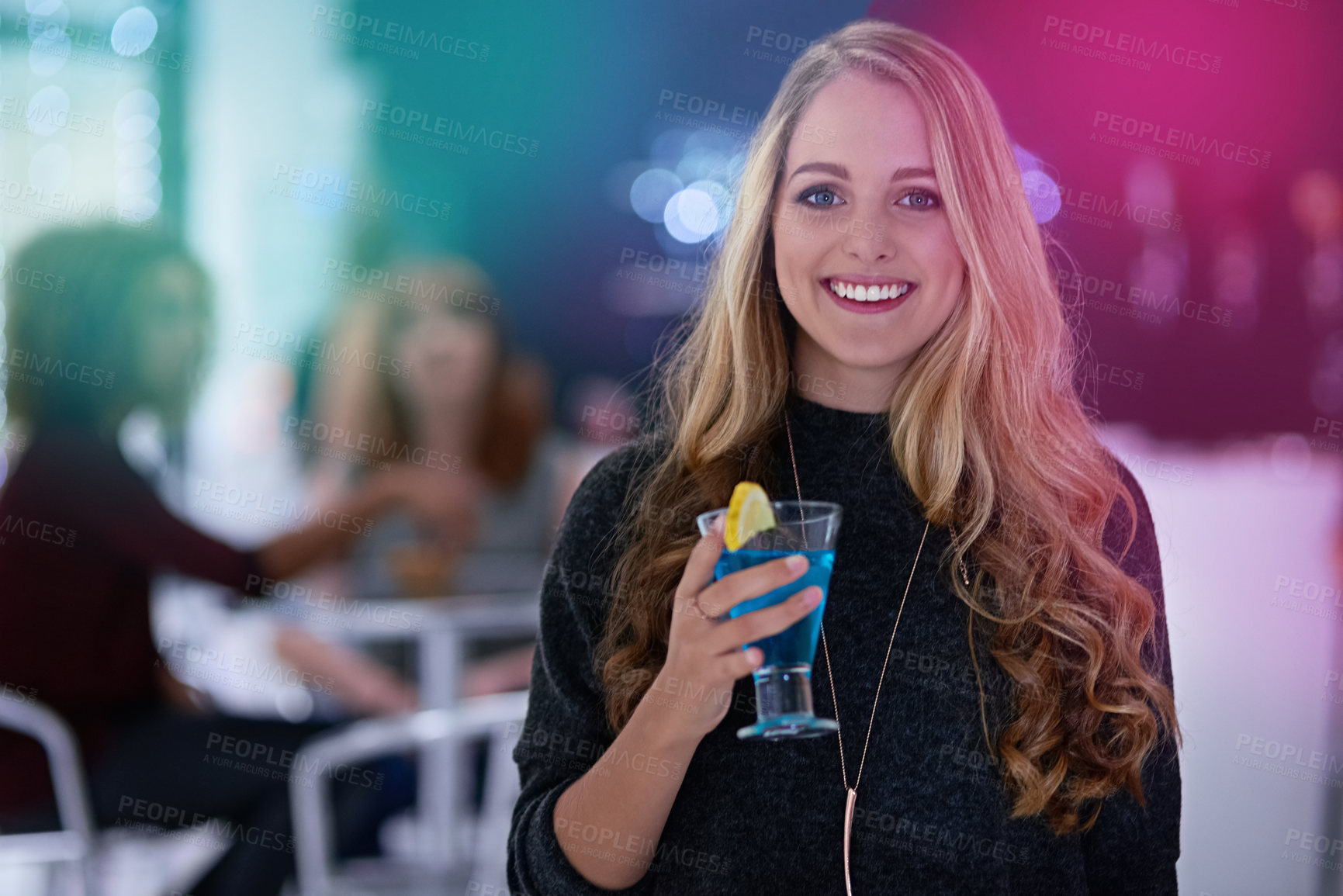 Buy stock photo Wine, cocktail and portrait of girl at club for birthday, celebration or happy hour party. Face, smile or woman with crowd of friends for reunion, fun or bonding at luxury restaurant, disco or event