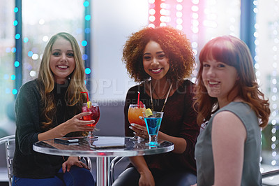 Buy stock photo Wine, cocktail and portrait of women at club for happy hour, party or birthday weekend celebration. Face, diversity or crowd of girl friends bonding at luxury restaurant, disco or reunion night event