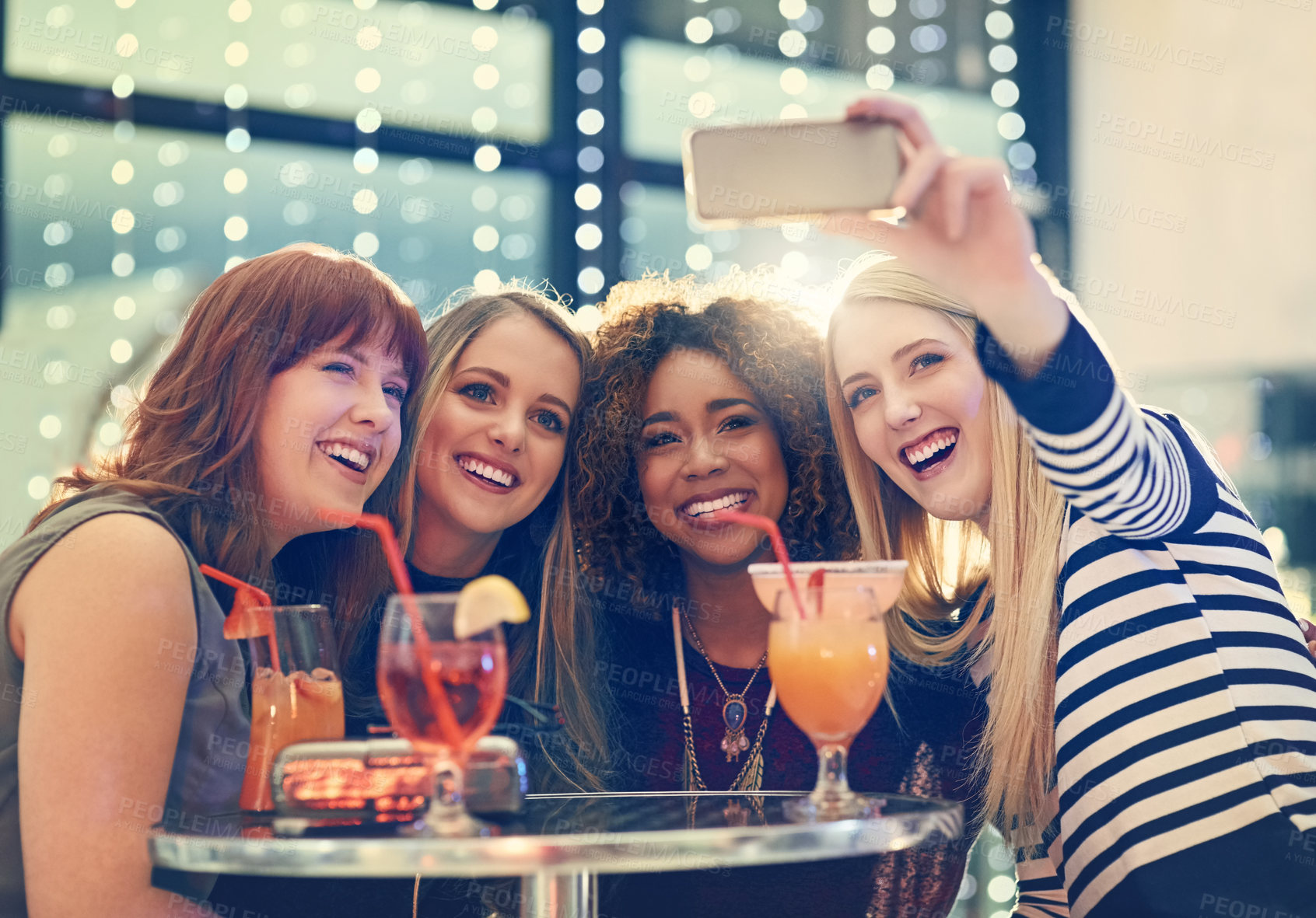 Buy stock photo Cocktail, mojito and women with club selfie, smile or happy hour with bonding photography. Friends, night and crowd with profile picture for wine, party or birthday reunion at restaurant disco event 