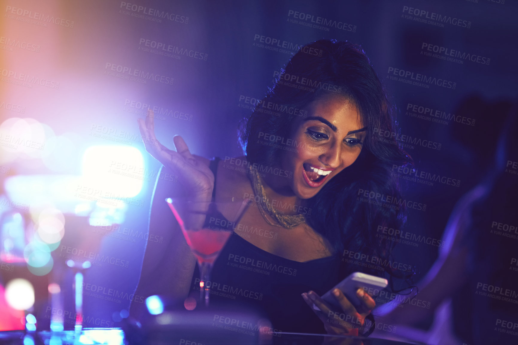 Buy stock photo Happy, woman and smartphone with surprise from alert at cocktail party or disco concert in nightclub. Excited, female person and mobile with wow or shock from notification at birthday celebration