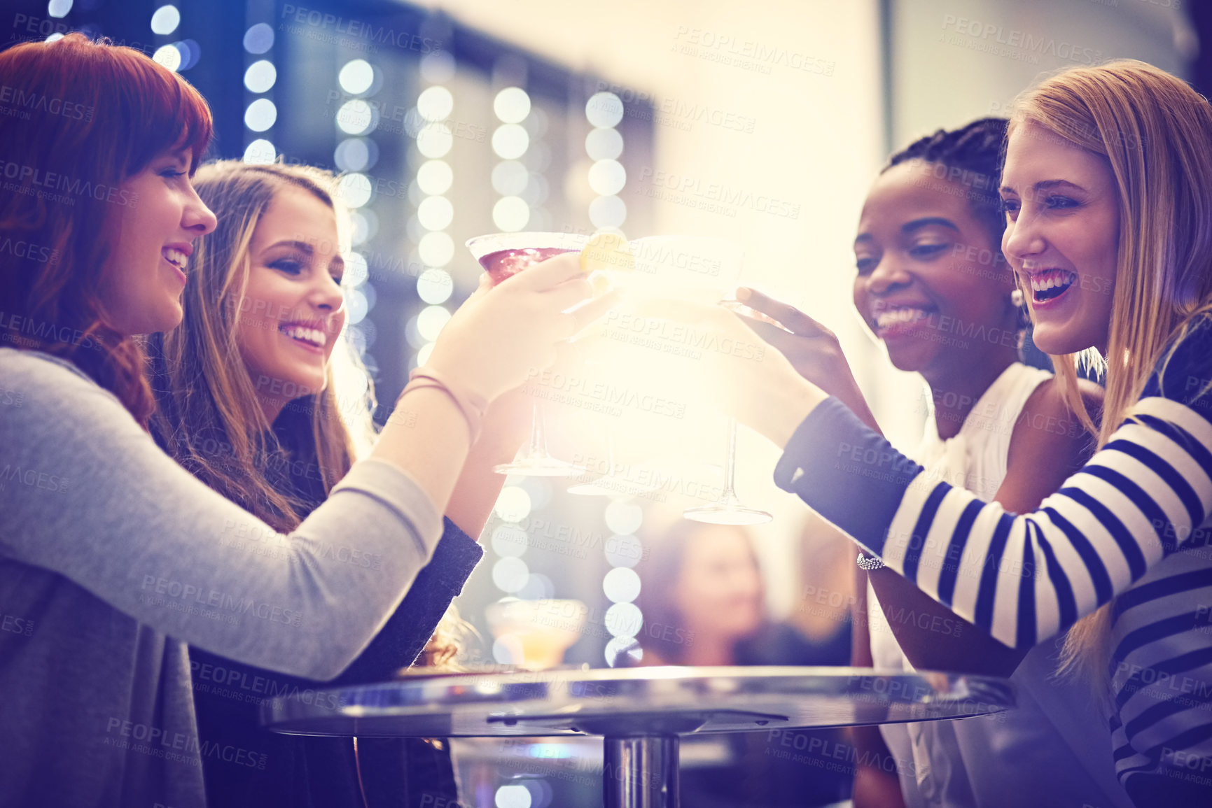 Buy stock photo Wine, cocktail and women with club toast, smile or happy hour with bonding drinks. Friends, night and gen z crowd with glass cheers for mojito, party or birthday reunion at a  restaurant disco event