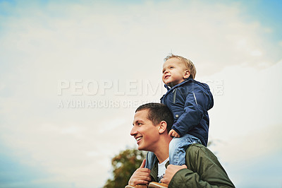 Buy stock photo Sky, dad and child on shoulder in nature with happy smile, grass and bonding fun on outdoor adventure. Father, son and support in backyard for growth, development and trust with care in childhood