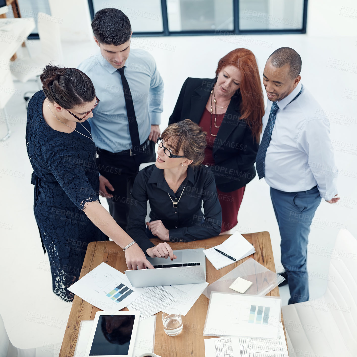 Buy stock photo Laptop, employees and finance collaboration in office, meeting and staff with investment report. Business people, brainstorming and online for income research, teamwork and support revenue ideas