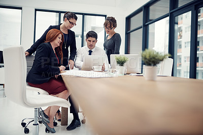 Buy stock photo Business meeting, planning and team in the office brainstorming and doing research together. Teamwork, professional and group of designers working on a project in collaboration in workplace boardroom