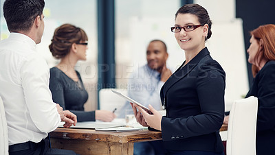 Buy stock photo Report, tablet and portrait of business woman in office for teamwork, agenda and schedule. Planning, research and project management with person in workshop for collaboration, meeting and email