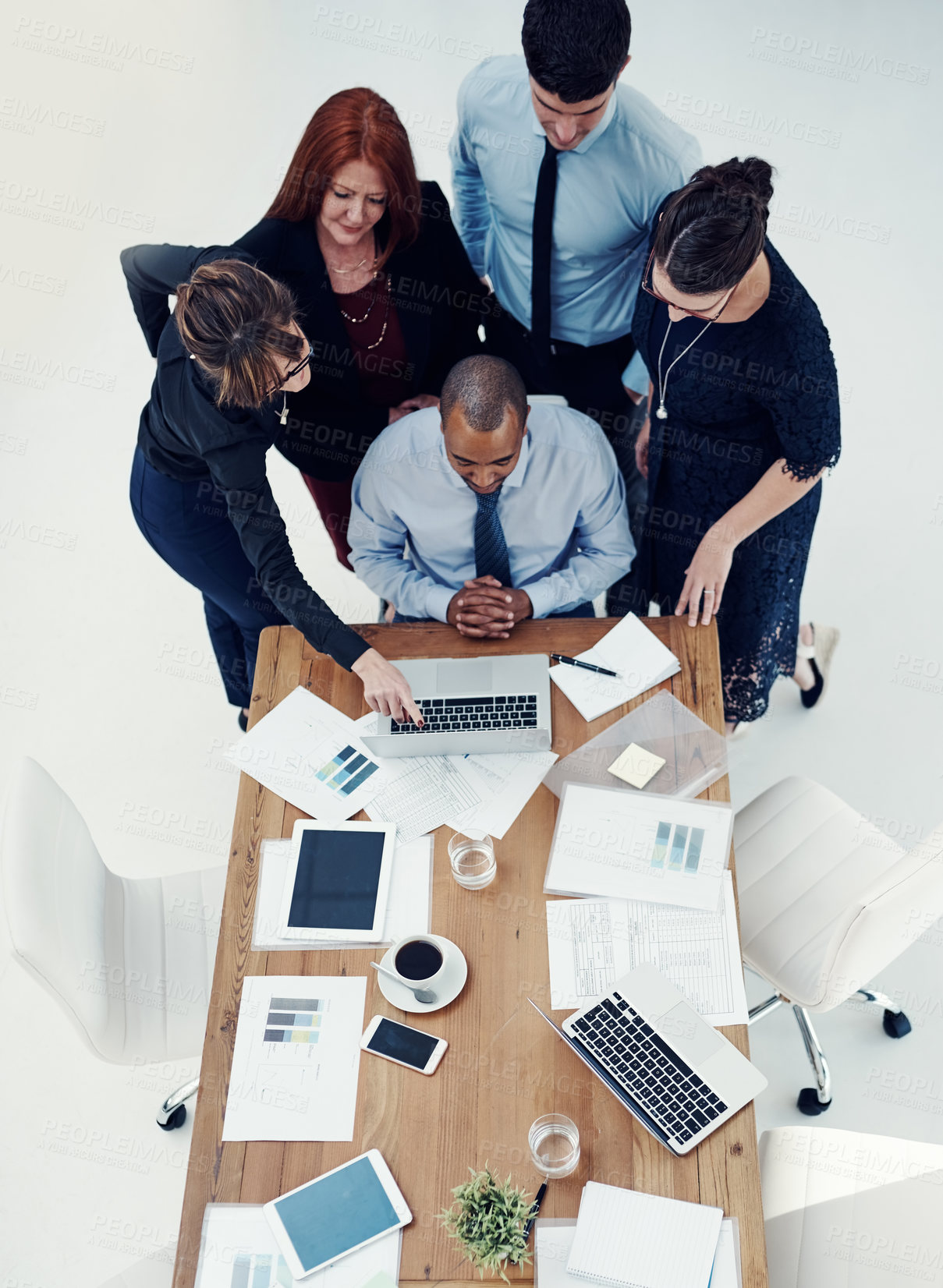 Buy stock photo Above, people and laptop in meeting for finance, budget planning and project feedback in office. Business team, technology and discussion in workplace for investment development with problem solving