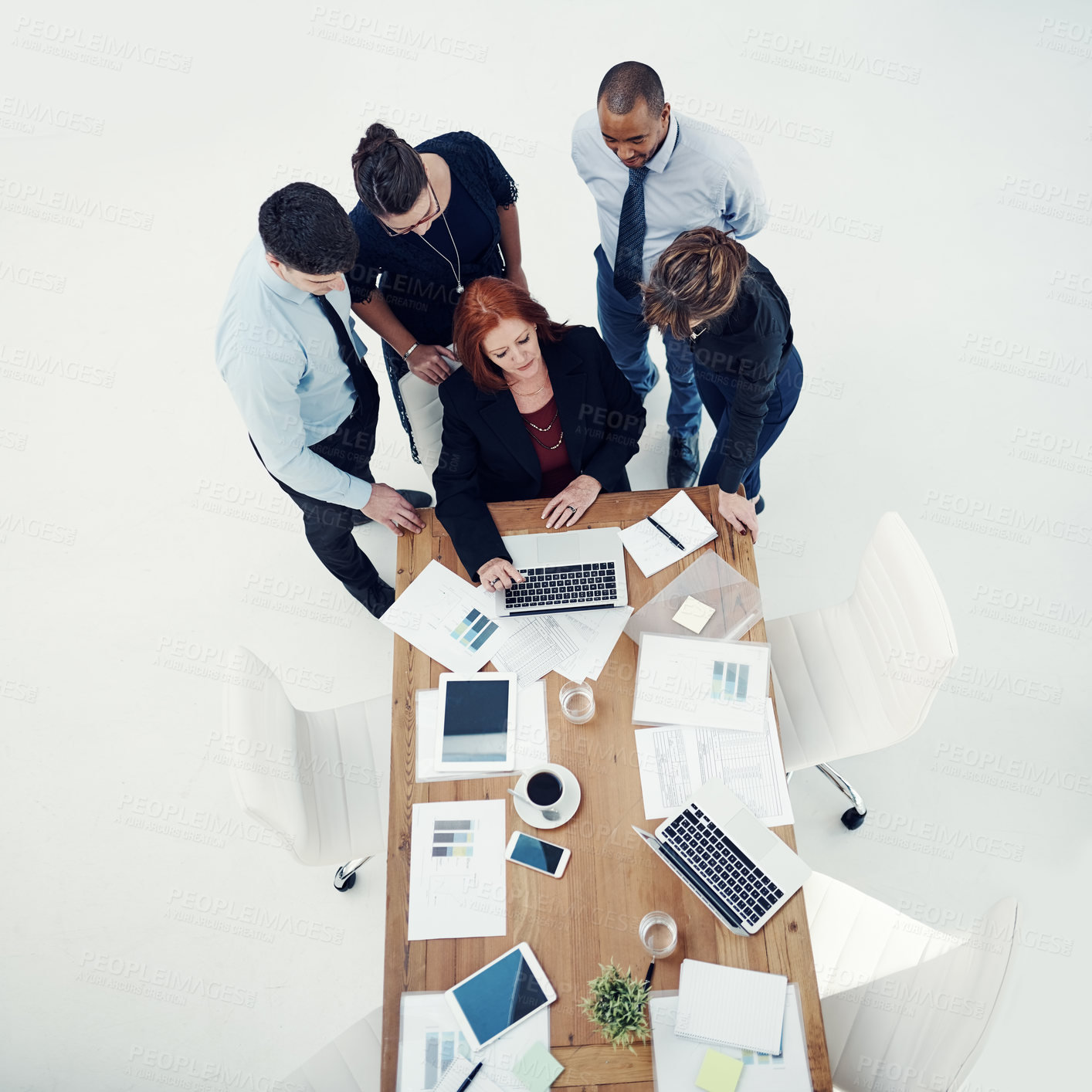 Buy stock photo Above, people and laptop in meeting for planning, finance budget and project feedback in office. Business team, technology and discussion in workplace for investment development with problem solving