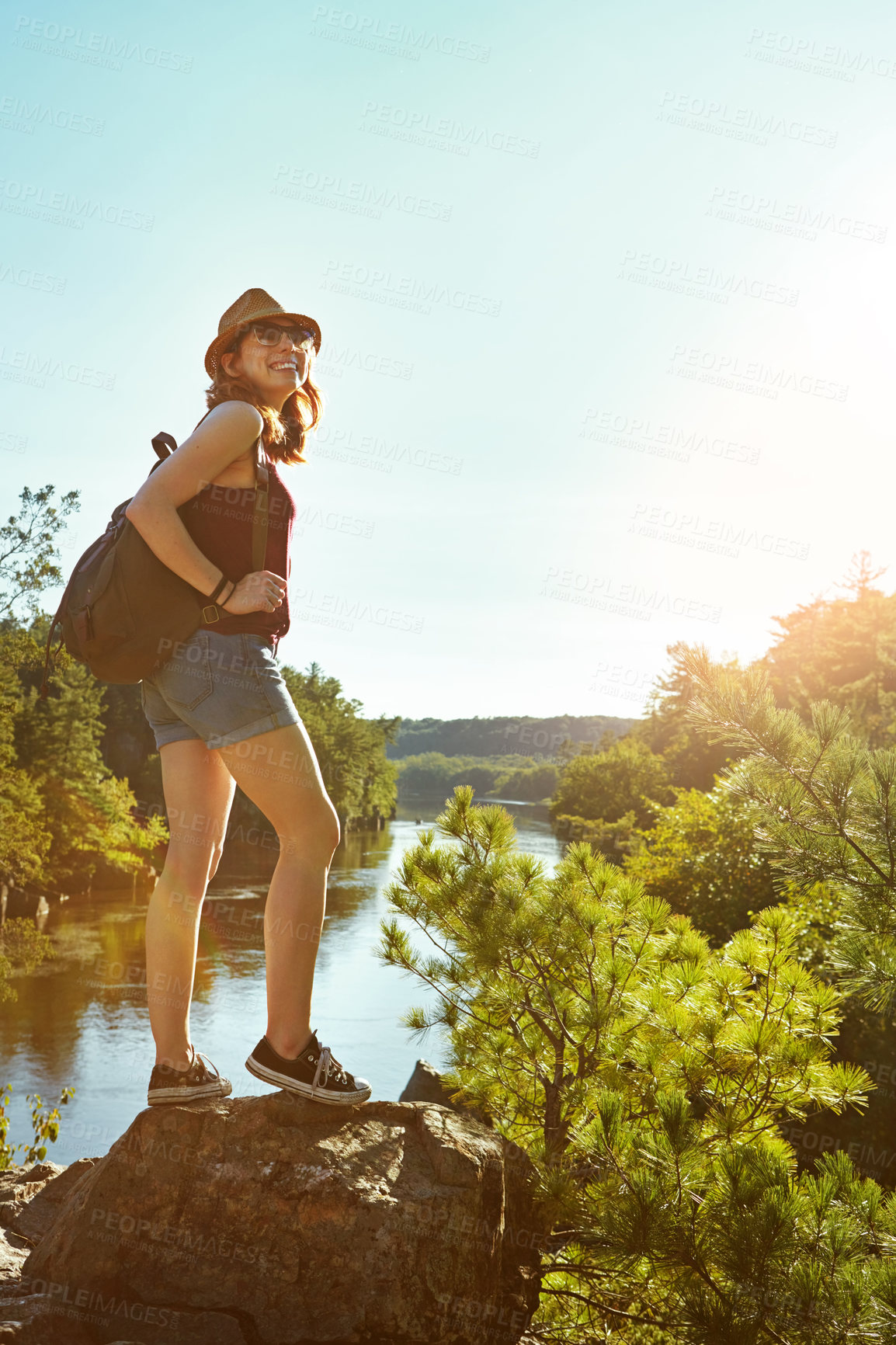 Buy stock photo Hiking, morning and woman on mountain with lake for adventure, trekking and freedom. Travel, nature and happy person outdoors for wellness, walking and exercise on holiday, journey and vacation