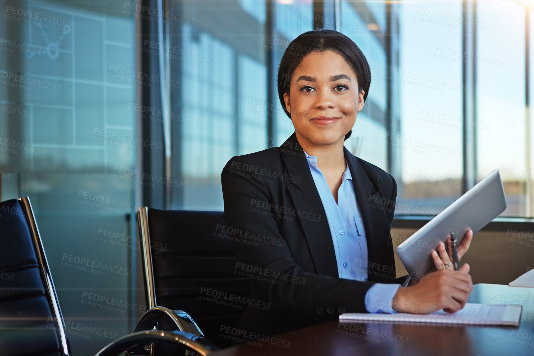 Buy stock photo Businesswoman, portrait and office with tablet as corporate professional as budget analyst, investment or research. Female person, face and financial forecasting or project review, planning or report