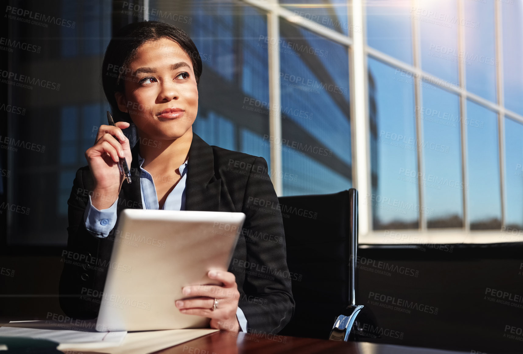 Buy stock photo Attorney, woman and thinking with tablet in office for solution, decision and compliance at commercial law firm. Person, advocate and lawyer with idea on touchscreen for legal report and online app