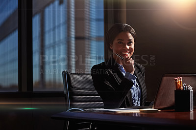 Buy stock photo Happy woman, accountant and thinking with laptop at night for finance, budget planning or vision at office. Female person or employee with smile in wonder for career in financial growth at workplace