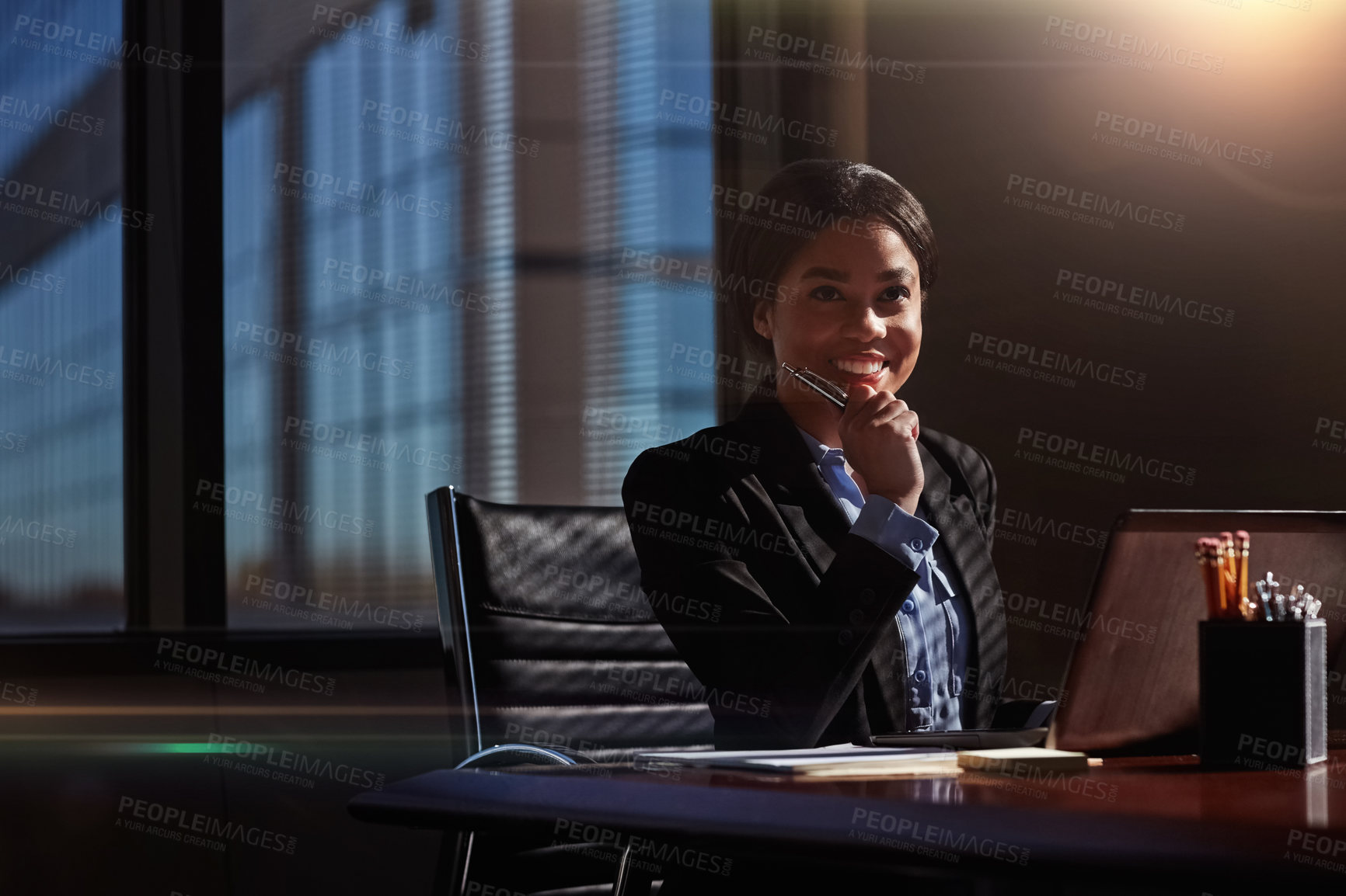 Buy stock photo Happy woman, accountant and thinking with laptop at night for finance, budget planning or vision at office. Female person or employee with smile in wonder for career in financial growth at workplace