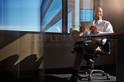 Buy stock photo Black man, tablet and research in office, online and accountant for stock market website. Person, startup and entrepreneur for networking or check email, communication and app for business contact