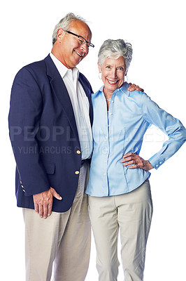 Buy stock photo Love, smile and portrait of senior couple standing in studio, isolated on white background. Retirement, happy and healthy relationship, romance for elderly man with woman together in formal clothes.