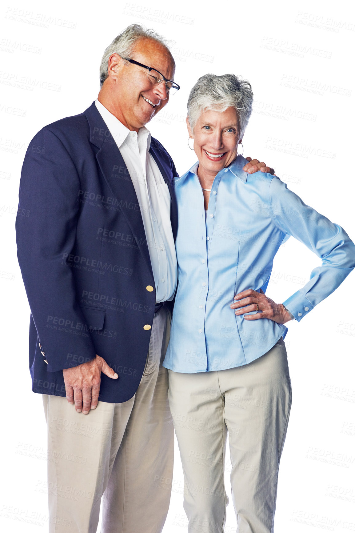 Buy stock photo Love, smile and portrait of senior couple standing in studio, isolated on white background. Retirement, happy and healthy relationship, romance for elderly man with woman together in formal clothes.