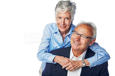 Buy stock photo Senior couple, love and happy together for hug, support care and happiness isolated in white background studio. Elderly man, woman smile portrait and hugging, quality time romance or relax bonding
