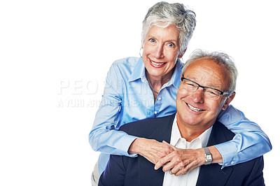 Buy stock photo Senior couple, happy portrait and relax hug for love, support care and happiness isolated in white background studio. Elderly man, woman smile and hugging, quality time romance or bonding together 