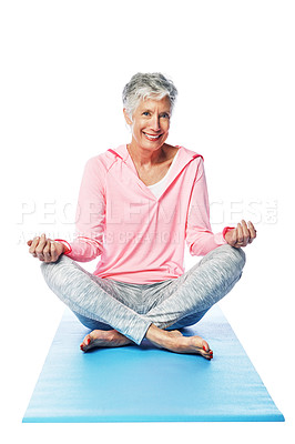 Buy stock photo Portrait, yoga lotus and senior woman in studio isolated on a white background. Zen chakra, pilates fitness and retired happy female model training, sitting and stretching for health and wellness.