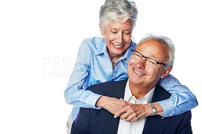 Buy stock photo Senior, couple and mature man and woman happy and hugging isolated against a studio white background. Old people or elderly lovers feeling love and affection together enjoying retirement