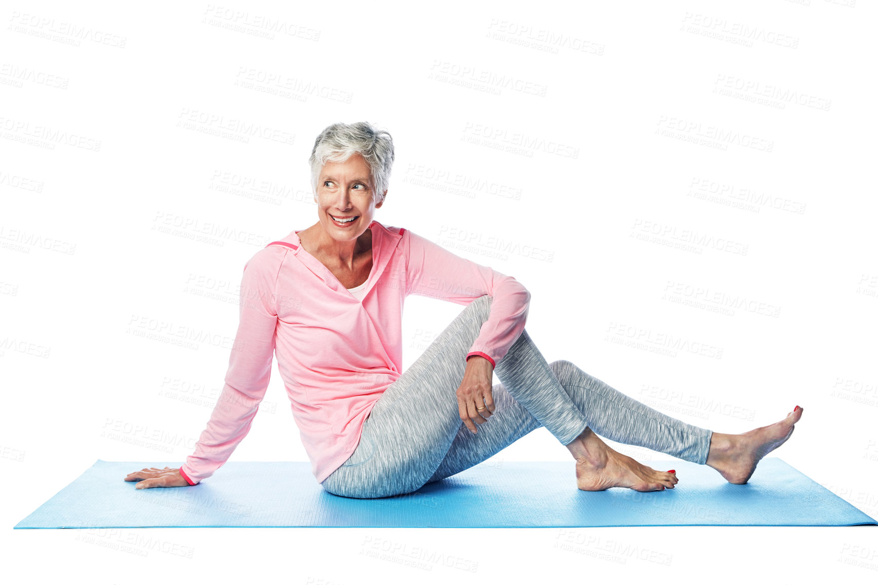 Buy stock photo Yoga, fitness and senior woman in studio isolated on a white background. Zen chakra, pilates and retired, elderly and happy female model sitting on mat, thinking and training for health and wellness.