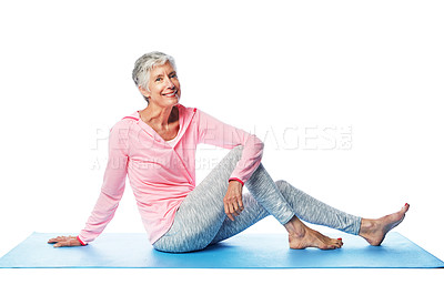 Buy stock photo Yoga portrait, senior and woman in studio isolated on a white background. Zen chakra, pilates fitness and retired, elderly and happy female sitting on mat after training for wellness and health.