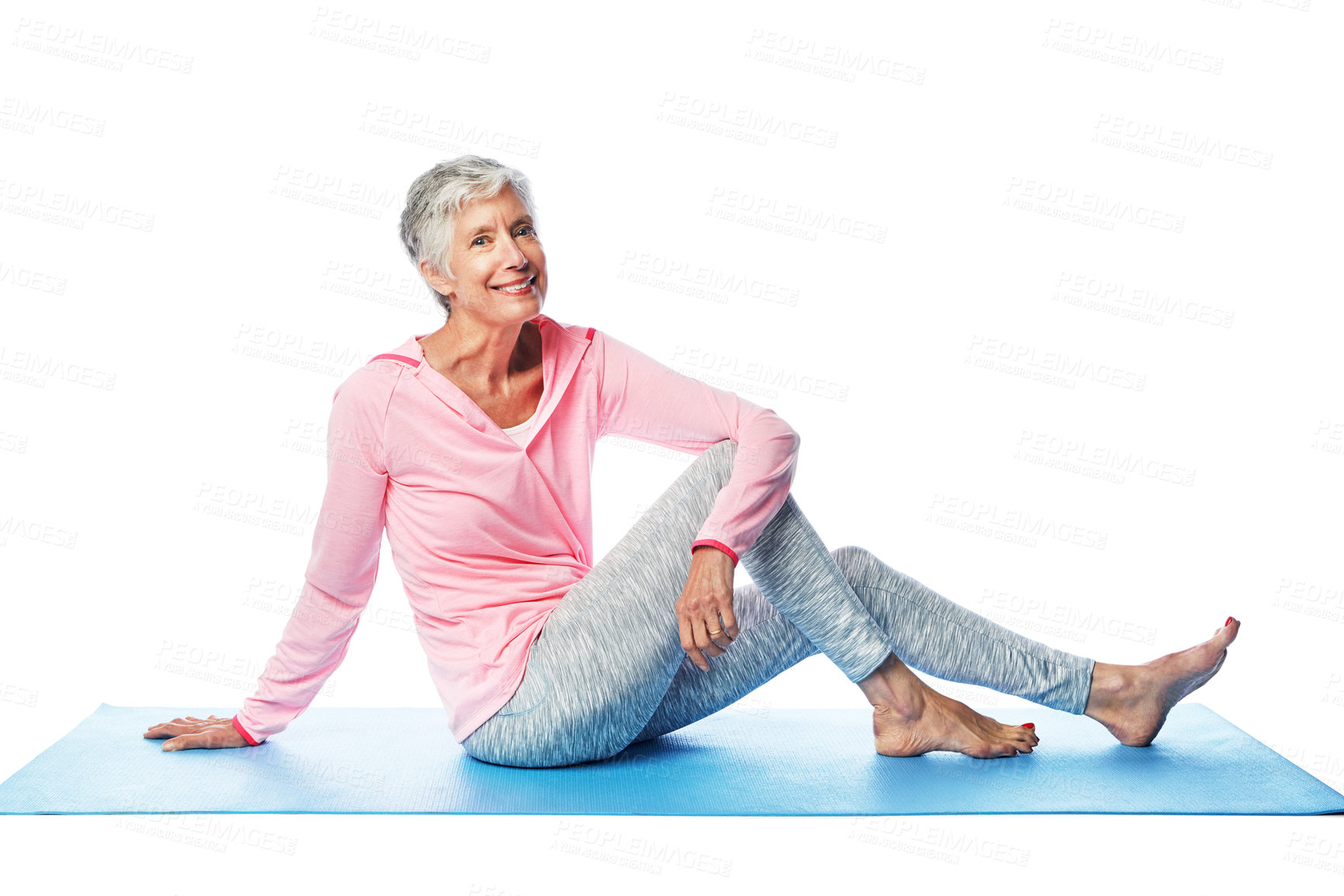 Buy stock photo Yoga portrait, senior and woman in studio isolated on a white background. Zen chakra, pilates fitness and retired, elderly and happy female sitting on mat after training for wellness and health.