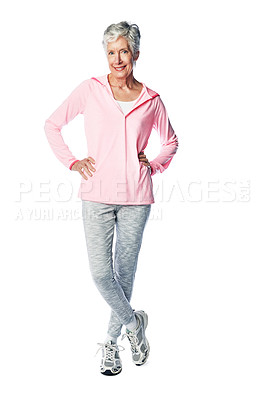 Buy stock photo Exercise, fitness and old woman portrait for health and wellness in studio with a healthy lifestyle. Body of happy senior female isolated on a white background for fashion, energy and to lose weight