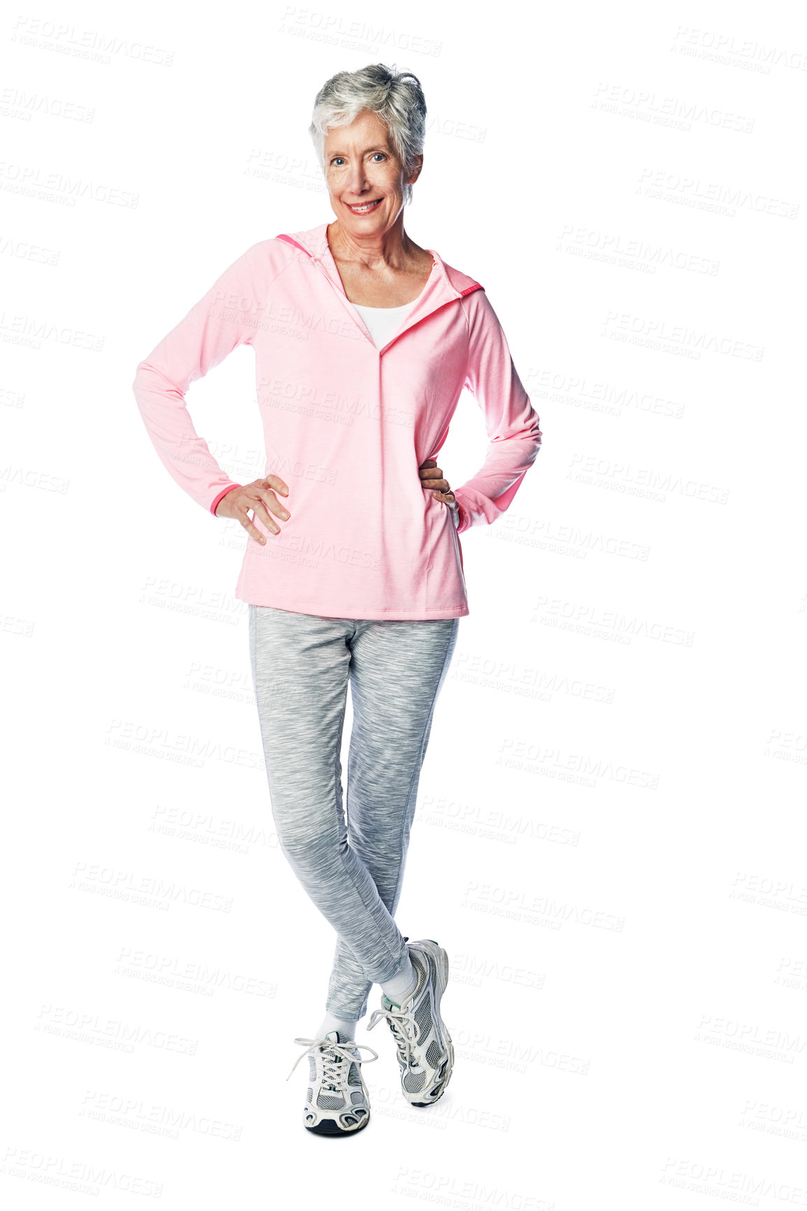 Buy stock photo Exercise, fitness and old woman portrait for health and wellness in studio with a healthy lifestyle. Body of happy senior female isolated on a white background for fashion, energy and to lose weight