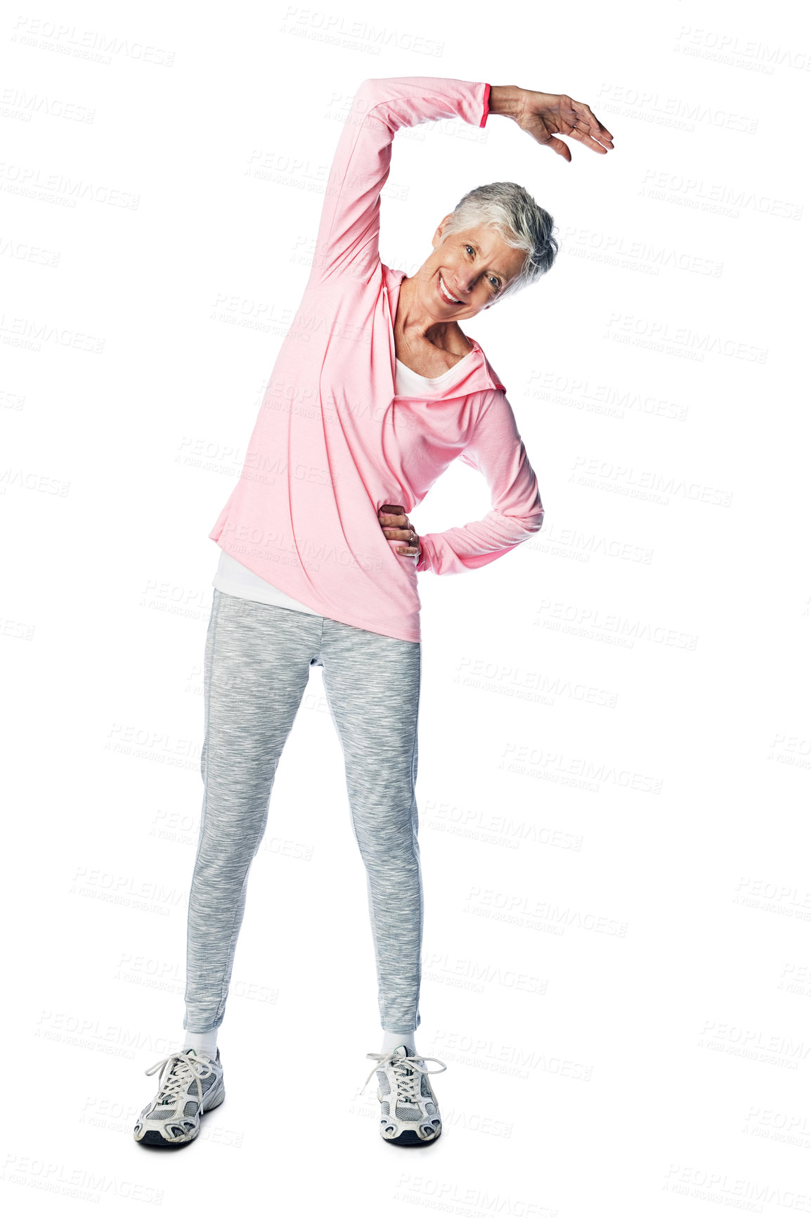 Buy stock photo Senior woman, portrait or stretching on isolated white background in exercise, workout and training for body wellness. Smile, happy or retirement elderly in warm up for fitness pain relief on mock up