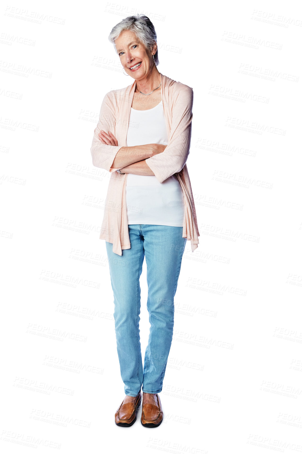 Buy stock photo Smile, confidence and portrait of senior woman with happiness isolated on white background. Arms crossed and wrinkles, happy woman with joy and pride in retirement fashion in studio with mockup.